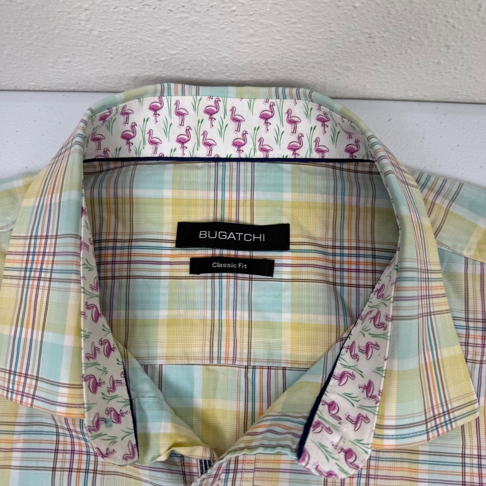 Bugatchi Mens Classic Fit Plaid Button Down Shirt Yellow Green Flamingo Large - Picture 5 of 9